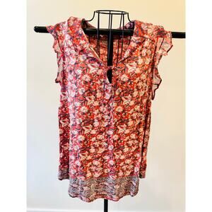 Lucky Brand Floral Tie Front Blouse Women’s Large Orange Boho Flutter Sleeve